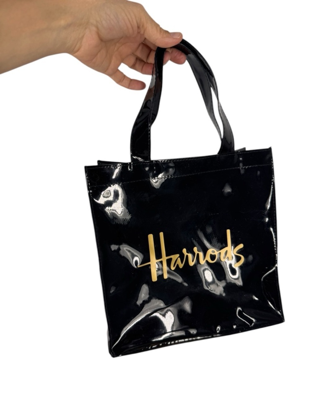 Harrods Black Patent Tote with Gold Script Logo